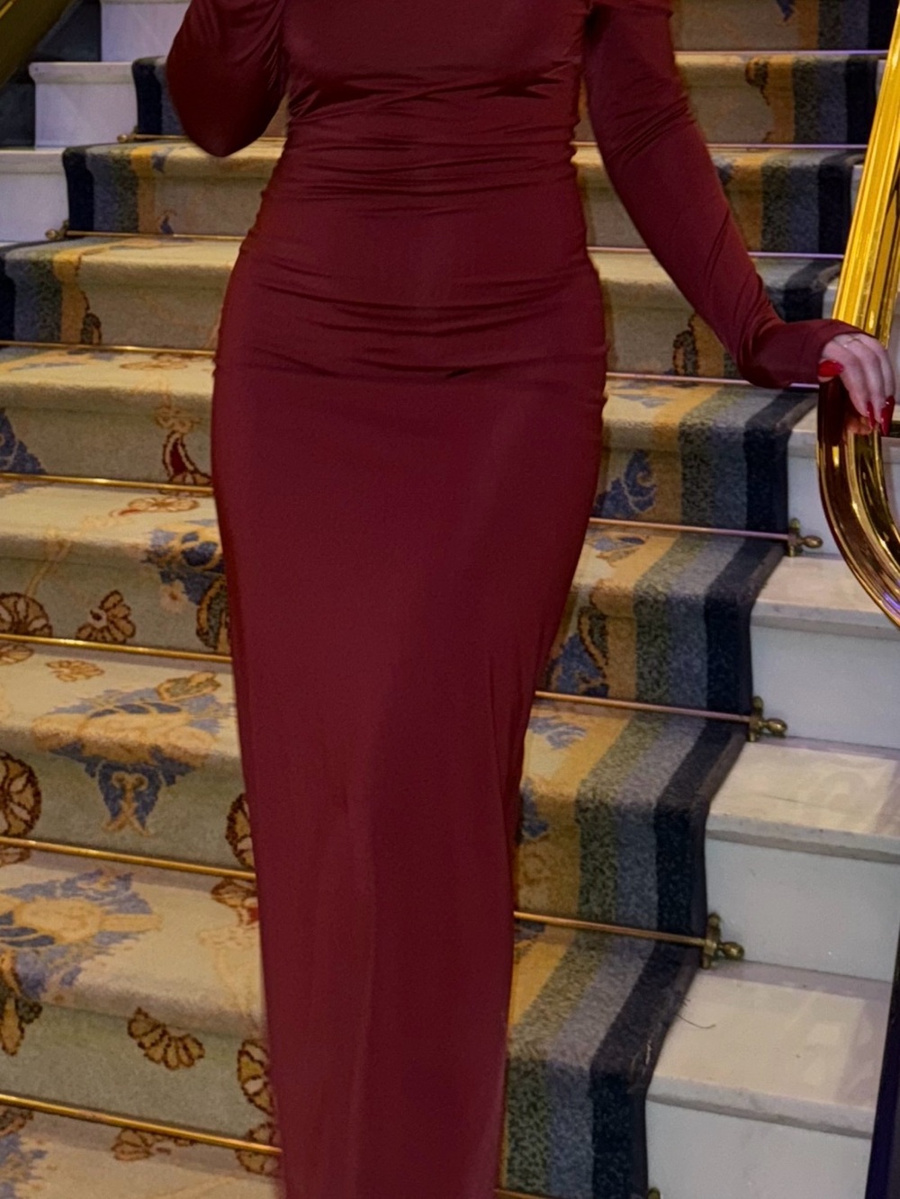 SHEIN Burgundy Long Sleeve Ruched Maxi Dress